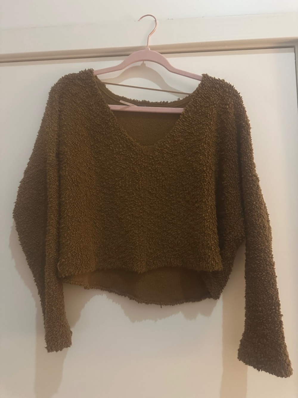 Free People Olive Brown Cropped V-Neck Sweater